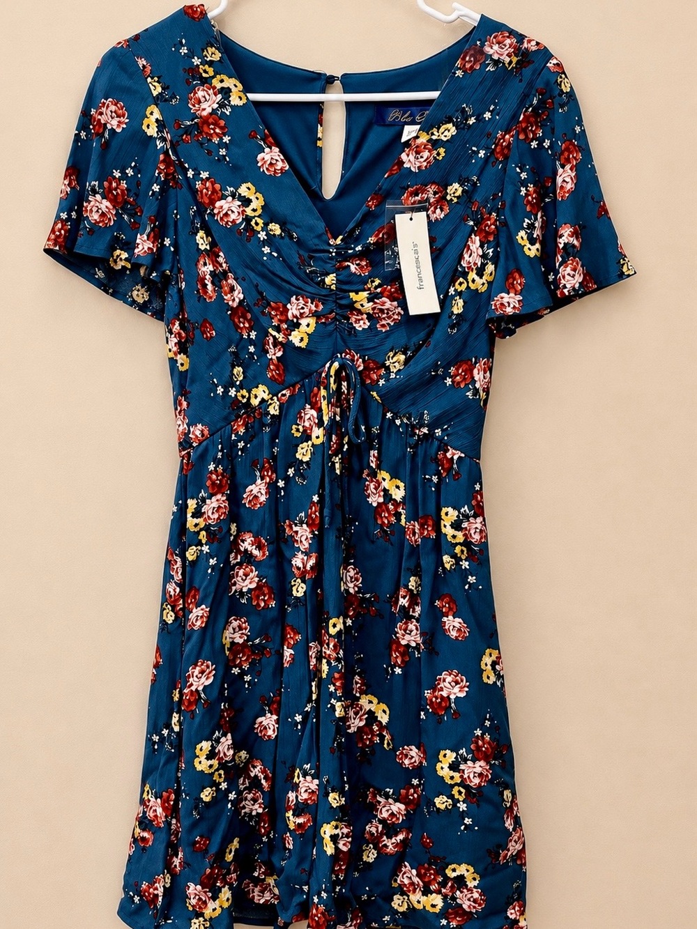 Francesca's Collections Teal Blue Floral Tie-Front Mini Dress